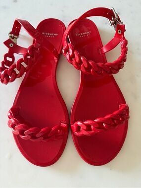 Givenchy Bright Red Chain-Trim Jelly Sandals
